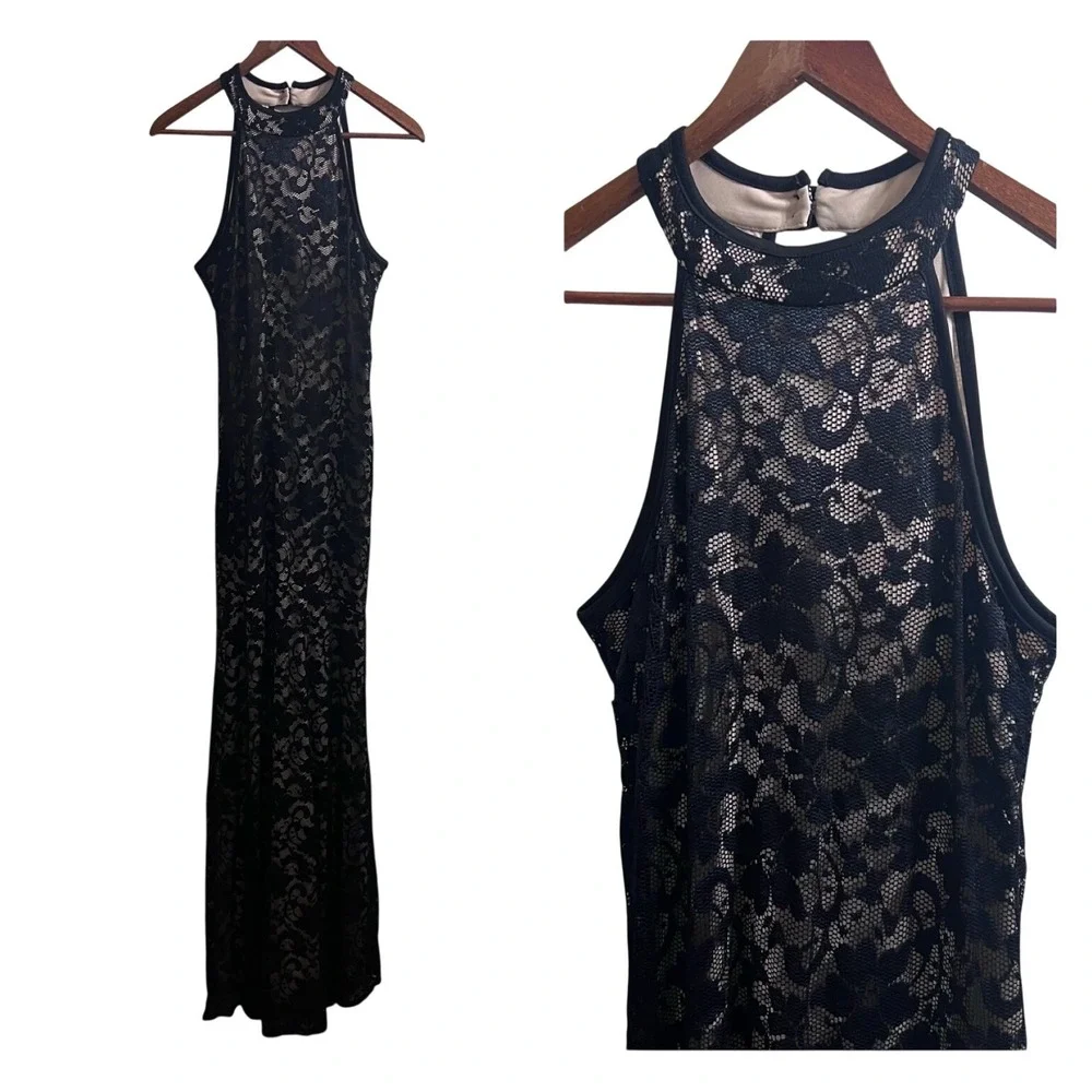 Emerald Sundae Womens‎ XL Black Lace Halter Neck Keyhole Back Maxi Dress Gown